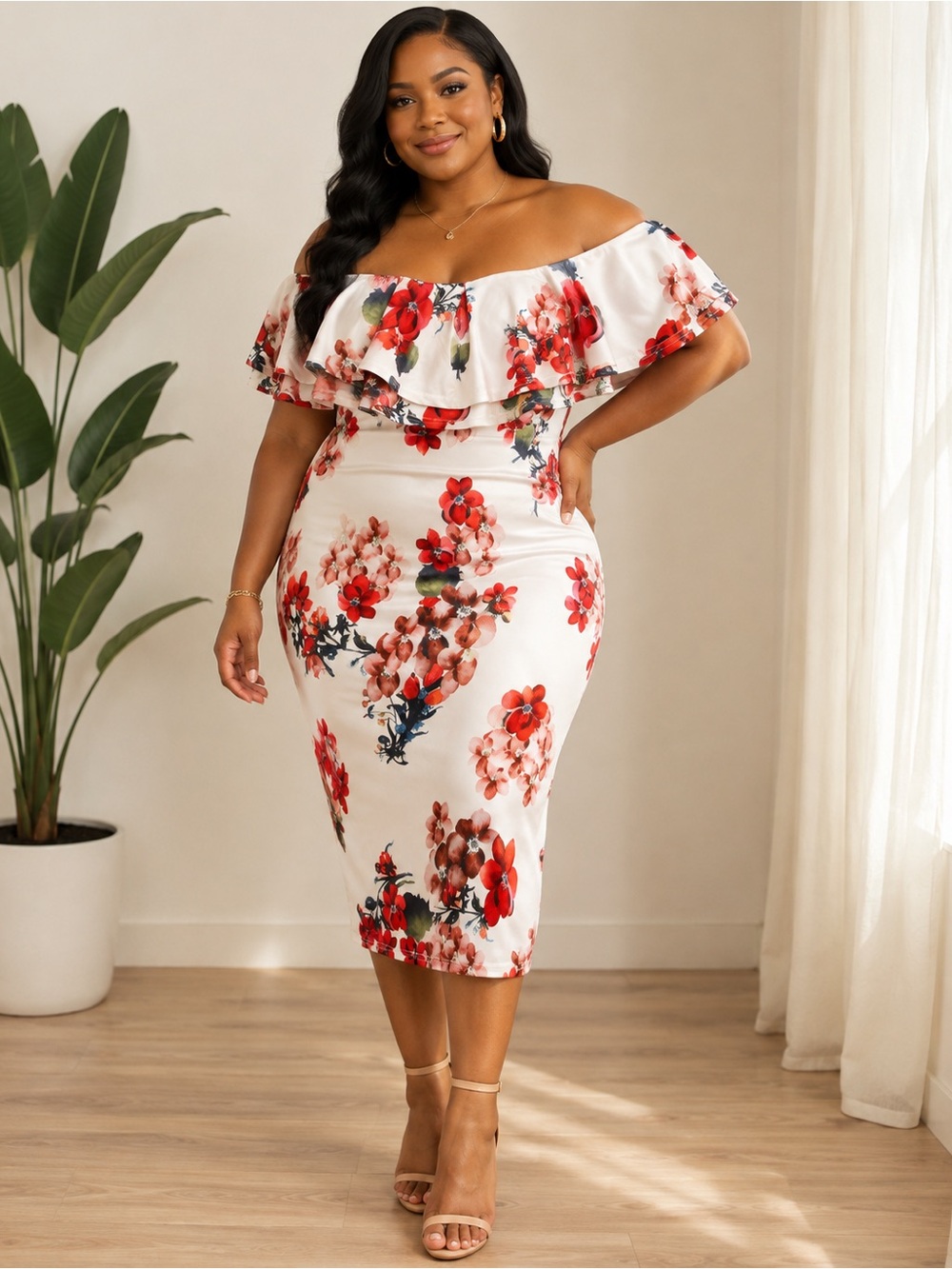 Elegant Black Midi Dress with Short Sleeves